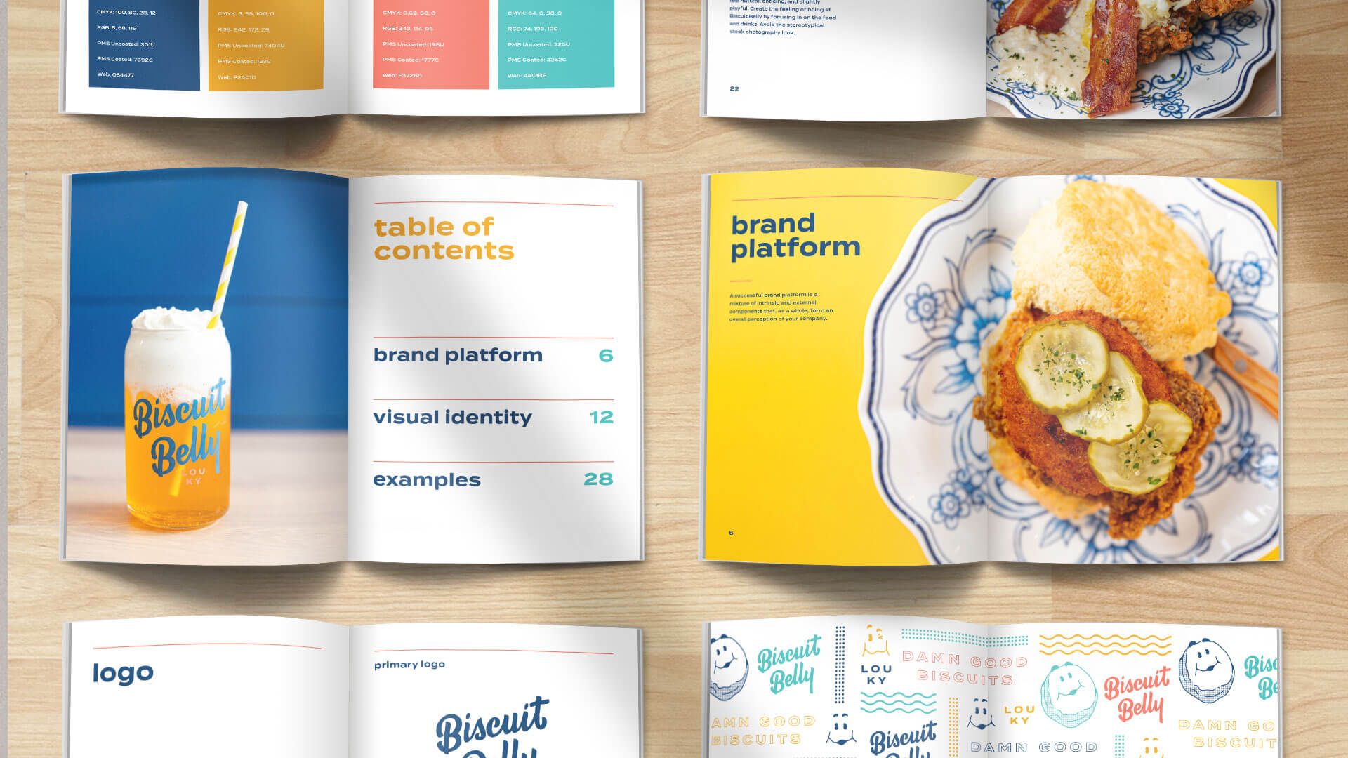 Open brand guidelines booklet for Biscuit Belly on a wooden table, showing colorful pages with text, images of food and drinks, a table of contents, brand platform details, logo styles, and playful graphic elements.