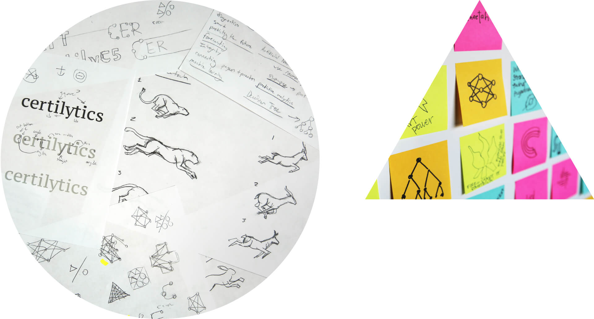 A circular collage of handwritten notes, sketches of animals, and the word “certilytics,” next to a triangle featuring colorful sticky notes with doodles and geometric designs.