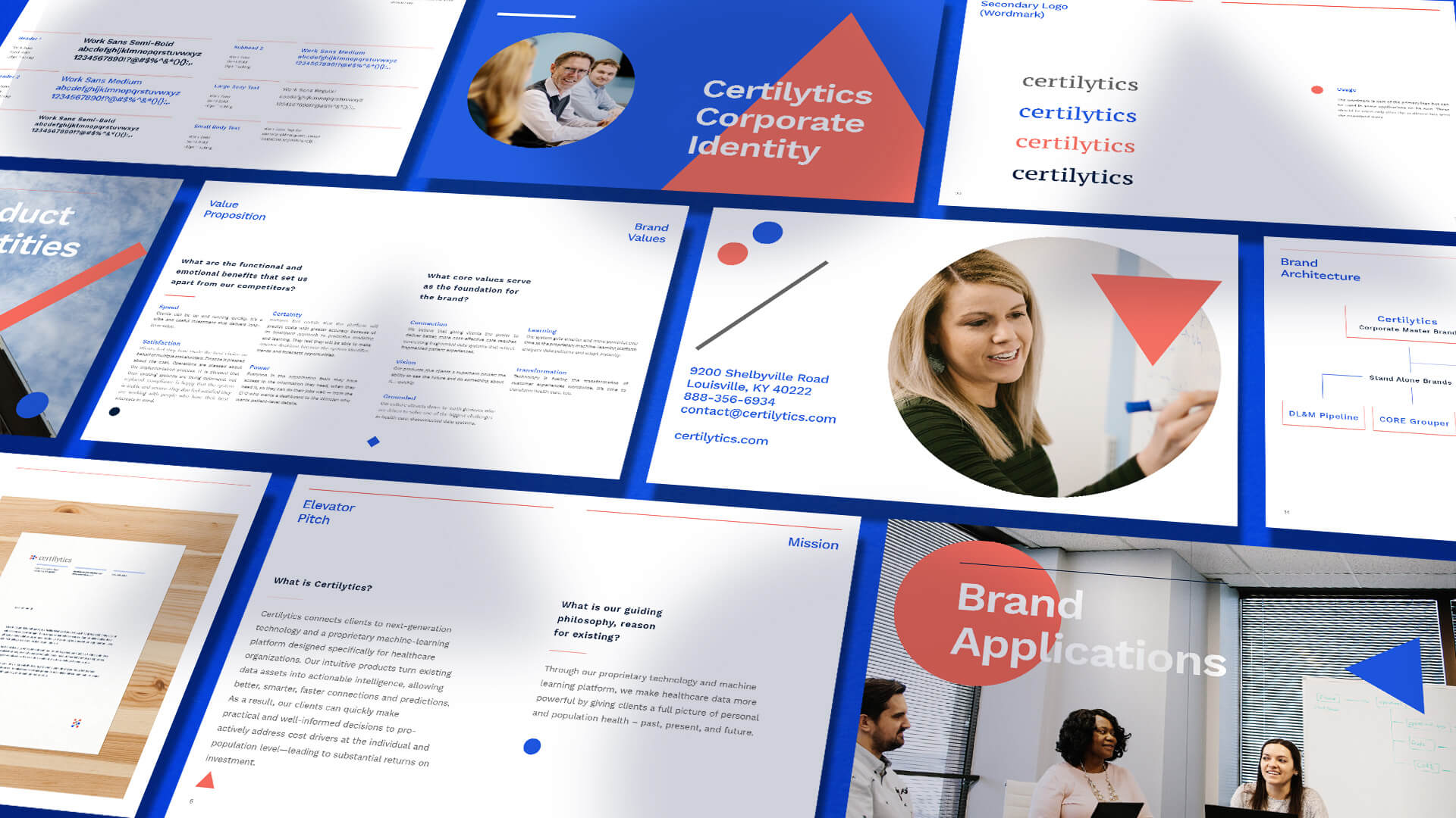 A collage of slides from a corporate brand identity presentation for Certilytics, featuring text, geometric shapes, photos of people collaborating, and a blue and white color scheme with red accents.