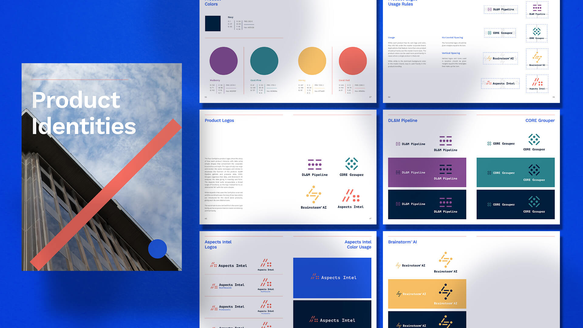 A grid of brand guideline pages is shown on a blue background, featuring logo designs, color palettes, and usage rules. The cover page reads “Product Identities” over a building facade and geometric shapes.