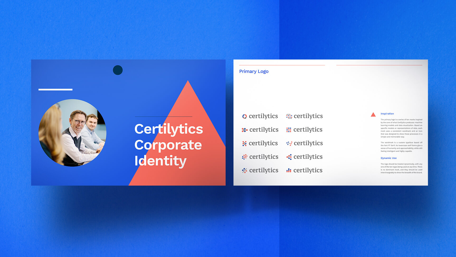 A presentation slide with a blue and red design features a photo of people in a meeting and the text Certilytics Corporate Identity. The adjacent slide shows various font samples and a text description.