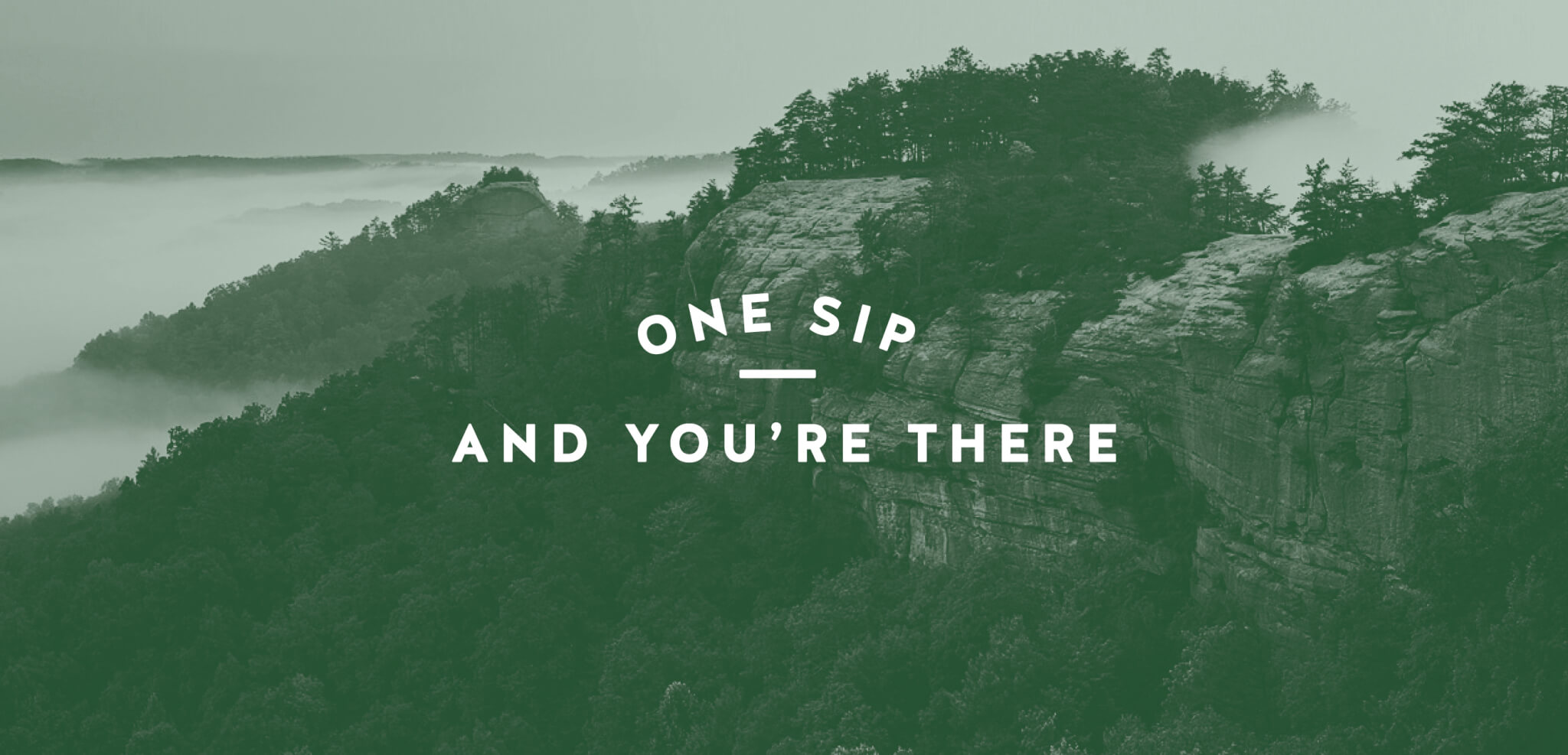 Scenic view of a forested cliff with mist in the background. Overlaid text reads: One sip and you’re there.