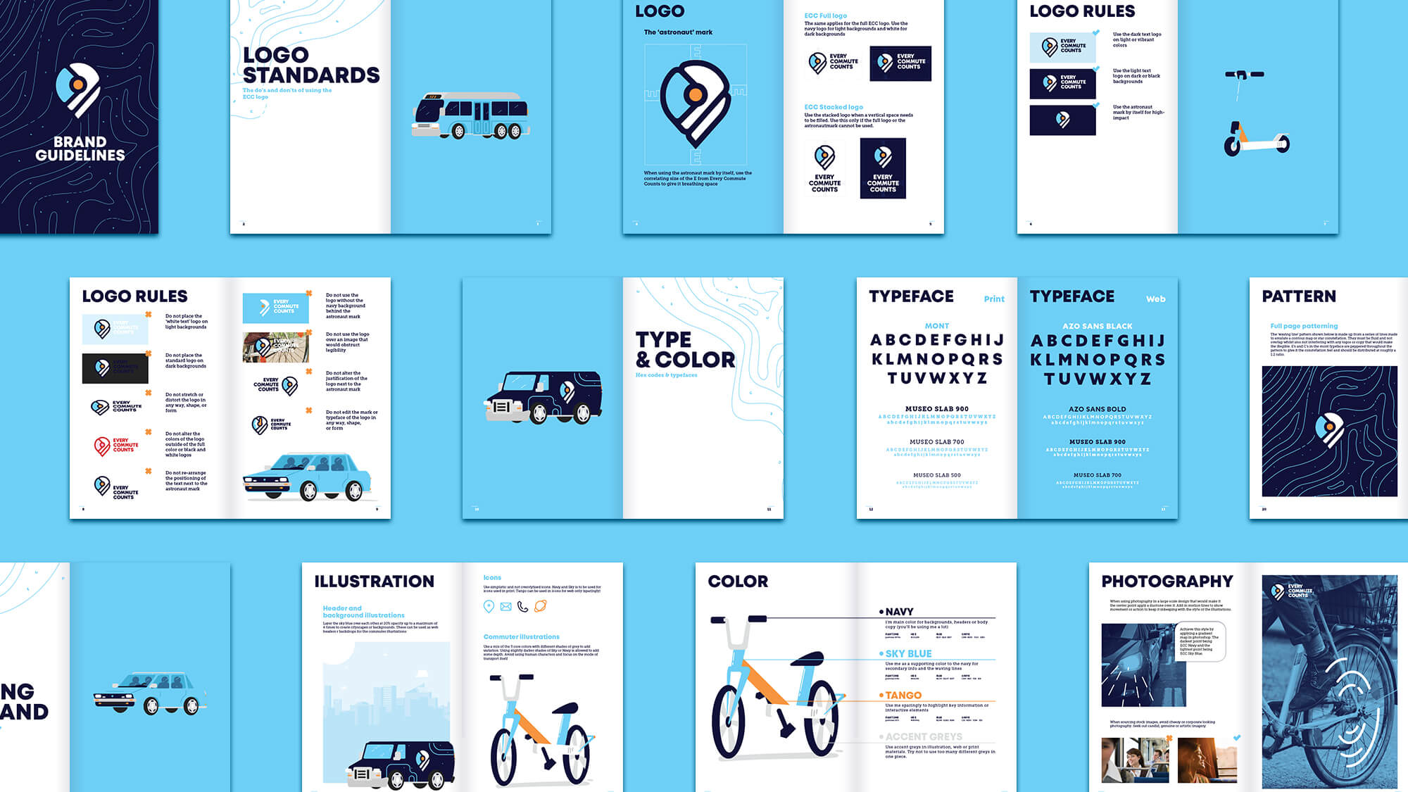 A set of brand guidelines spread across multiple blue and white pages, showing logo designs, typefaces, color palettes, illustrations of cars and bikes, patterns, and photography examples.