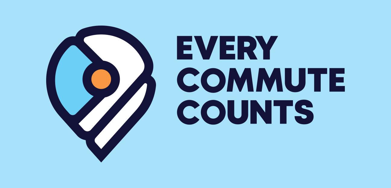 A map pin icon with a circular design and orange dot is next to bold, black text reading EVERY COMMUTE COUNTS on a light blue background.