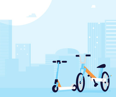 illustrated bike and scooter in front of illustrated city skyline