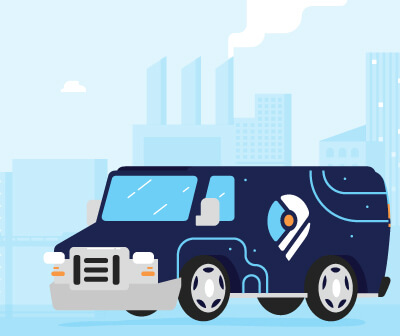 illustrated van in front of illustrated city skyline