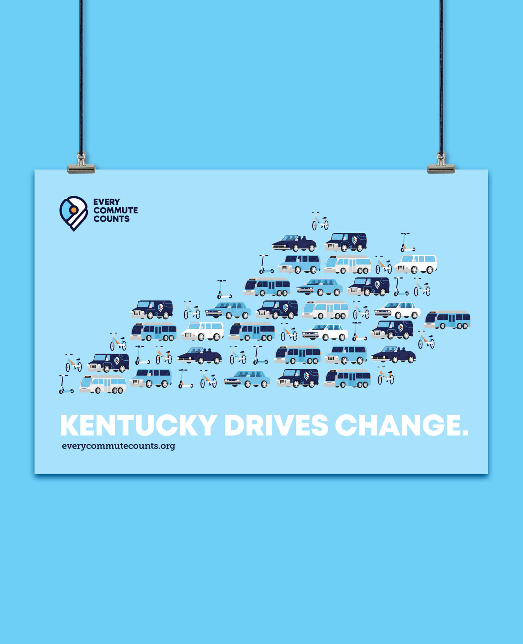 A blue poster with illustrations of various vehicles arranged in the shape of Kentucky, featuring the text “KENTUCKY DRIVES CHANGE.” and the Every Commute Counts logo and website.