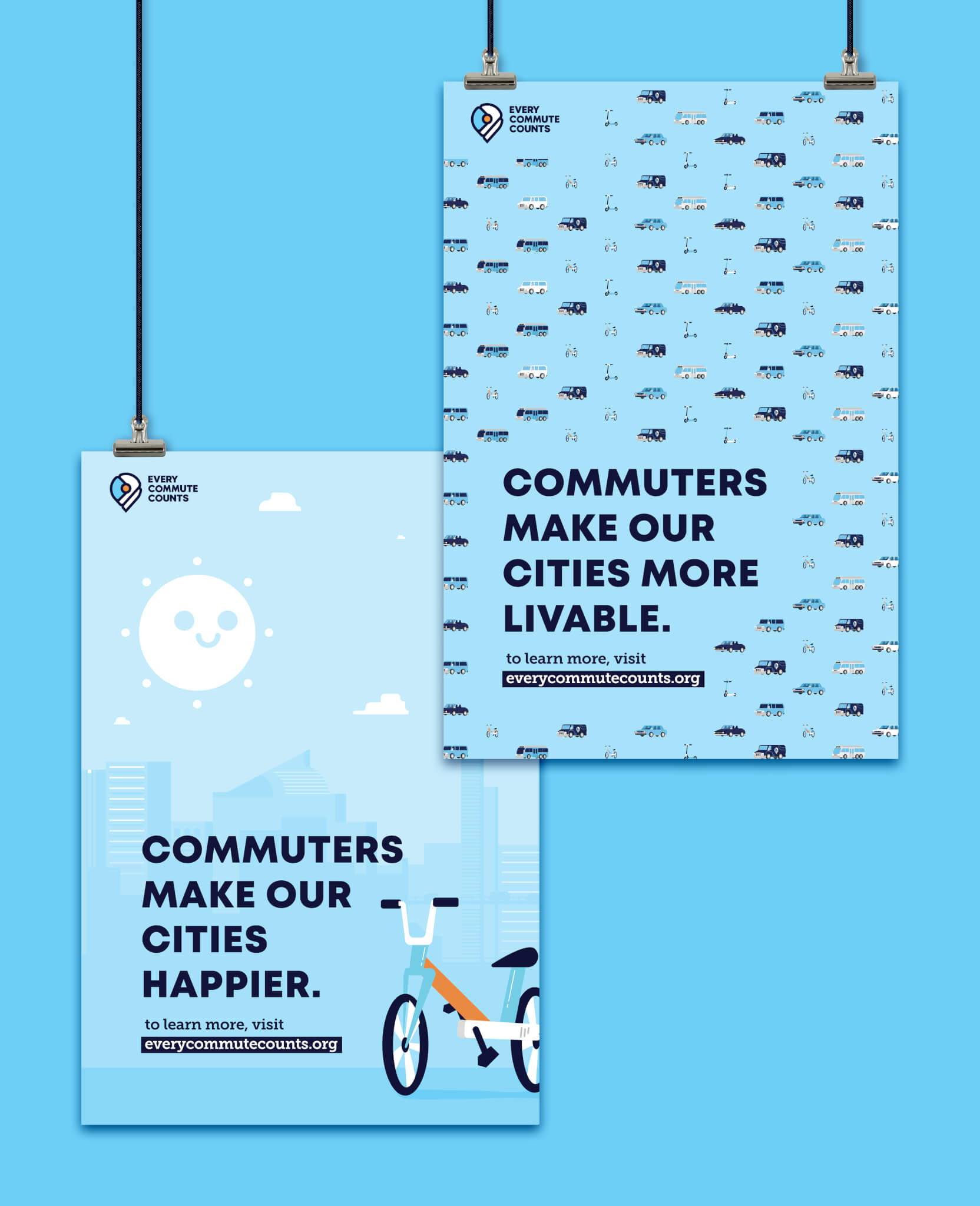 Two blue posters promote commuting. One has a smiling sun, buildings, a bike, and the text: Commuters make our cities happier. The other has tiny vehicle icons and the text: Commuters make our cities more livable.