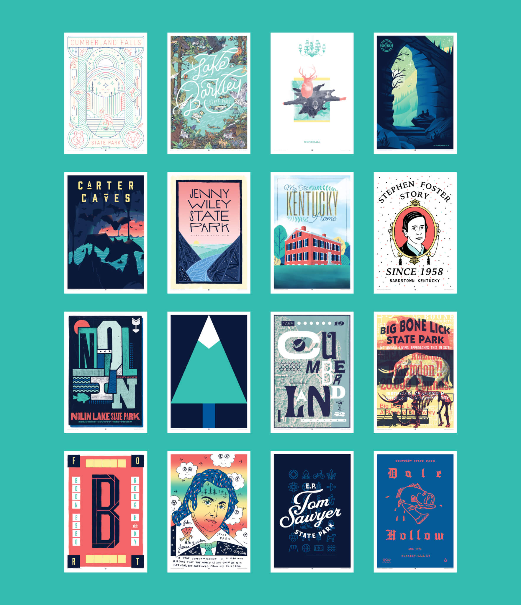 A grid of sixteen colorful, retro-style illustrated posters representing various Kentucky state parks, landmarks, and attractions, each featuring unique designs, park names, and decorative elements on a teal background.
