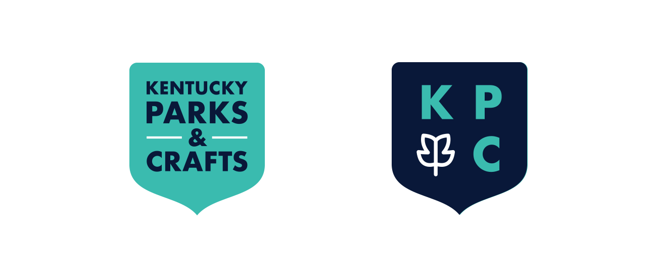 Two shield-shaped logos. The left is turquoise with “Kentucky Parks & Crafts” in bold black text. The right is navy with turquoise letters “KPC” and a white outline of a leaf in the center. Both have a rounded base.