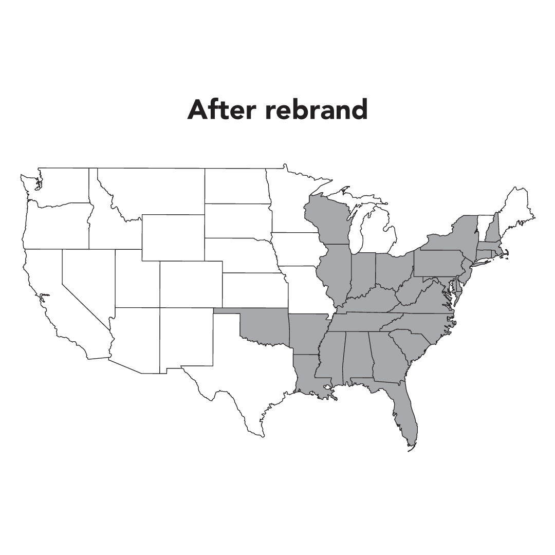A map of the United States with several southeastern and midwestern states shaded in gray, labeled After rebrand. The rest of the states are unshaded.