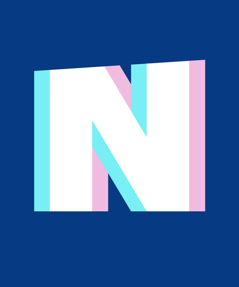 A bold white letter N is outlined with vertical stripes in blue, pink, and light blue, resembling the transgender pride flag, set against a dark blue background.