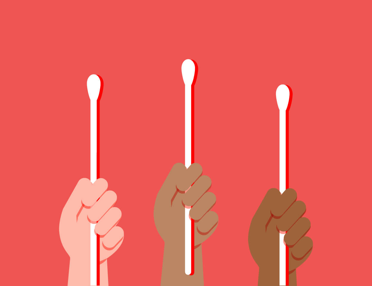 Three illustrated hands of different skin tones are holding up cotton swabs vertically against a red background, symbolizing unity and diversity.