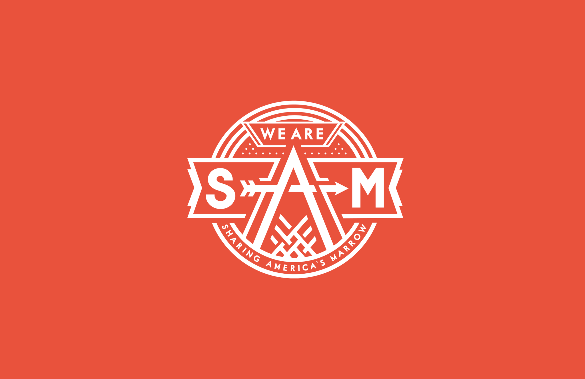 White circular logo on a red background with arrows and lines forming the letters SAM. Banner reads “WE ARE SAM.” Text below says “SHARING AMERICA’S MARROW.” Geometric accents surround the design.