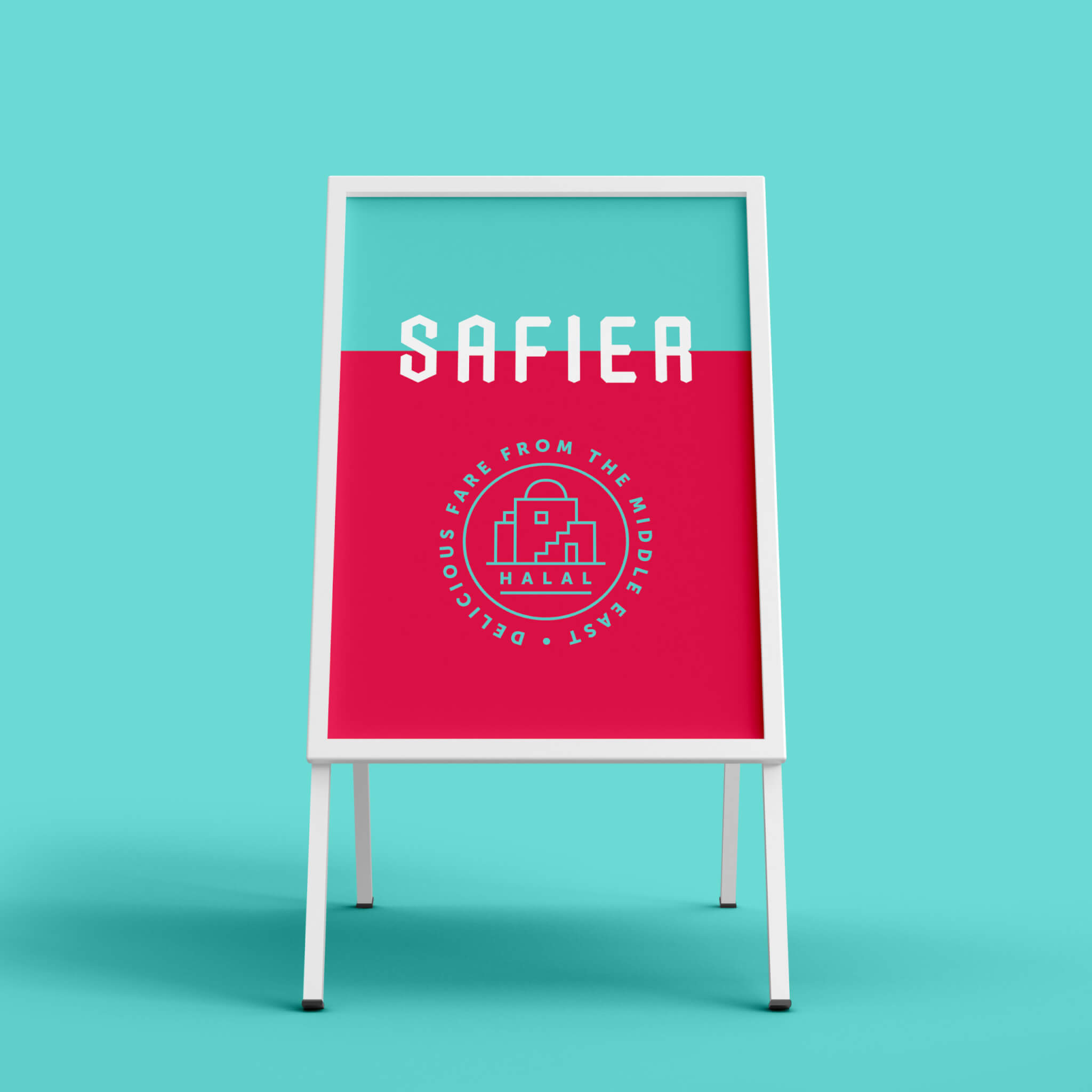 A white sandwich board on a teal background features the word SAFIER and a circular logo with HALAL and Delicious Fare from the Middle East on a red and teal background.