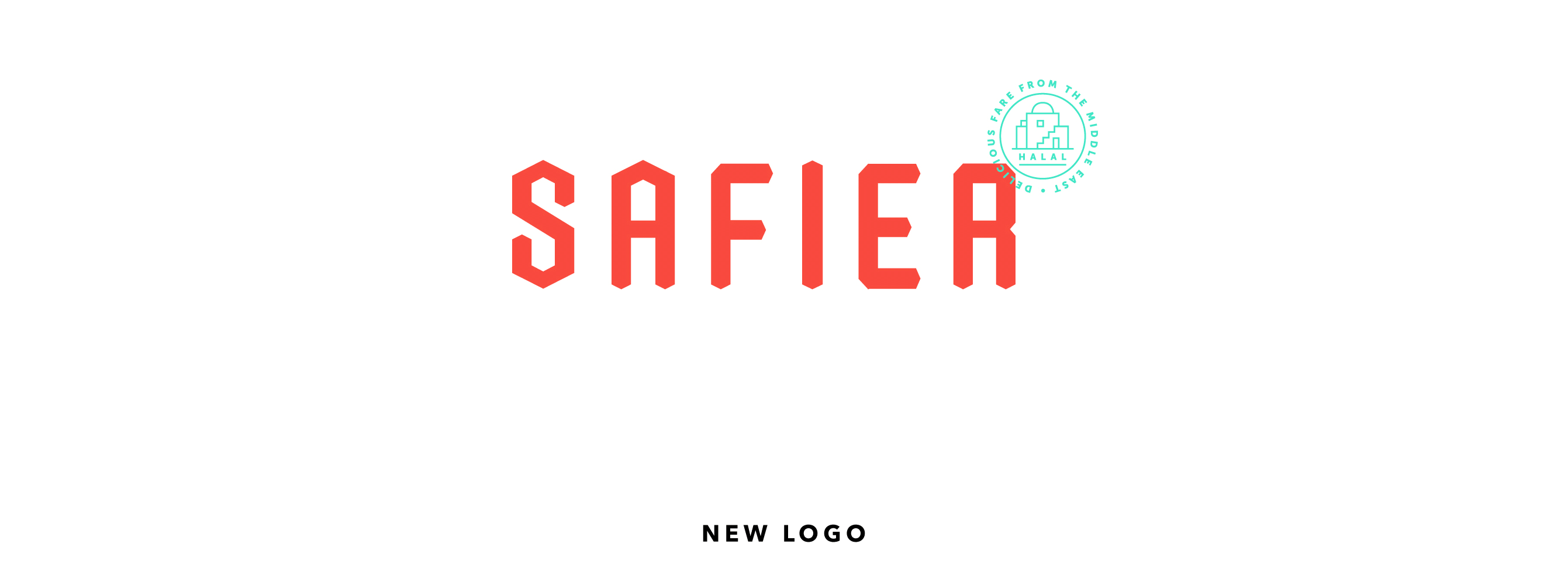 The word SAFIER in bold, red, geometric letters with a green circular HALAL logo in the top right corner. The text NEW LOGO is centered below in black.