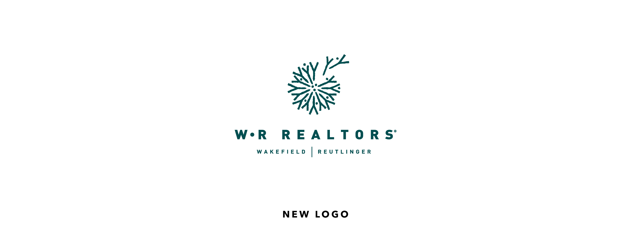 Centered on a white background, the W·R Realtors logo features a green botanical-inspired circular graphic above the text W·R REALTORS and Wakefield | Reutlinger. The words NEW LOGO appear below.