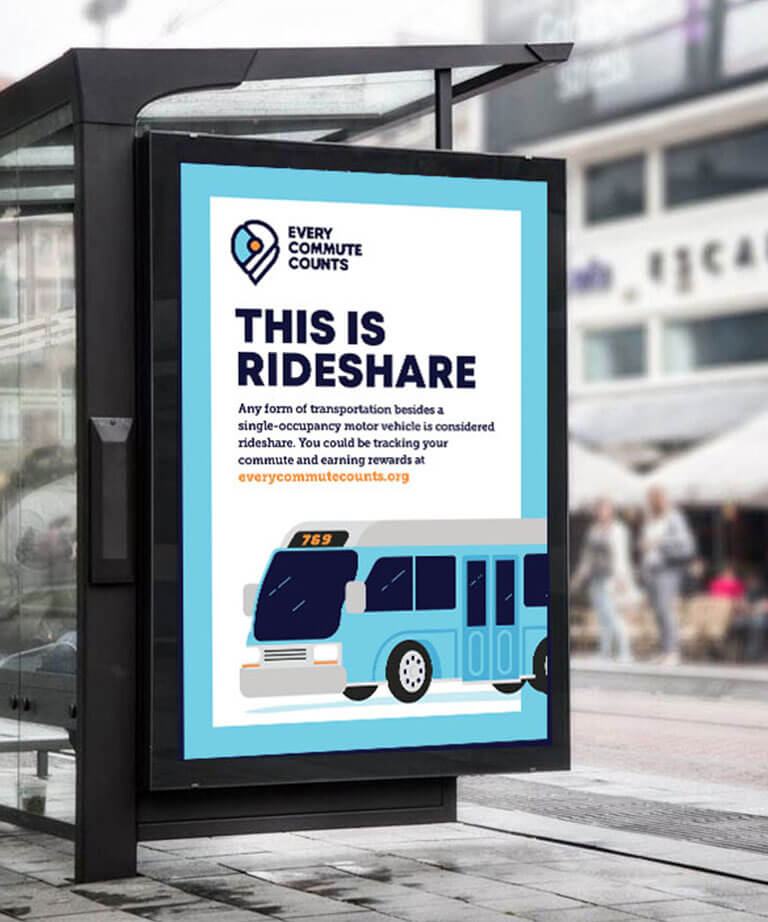 A bus stop poster displays the message THIS IS RIDESHARE with an illustration of a blue bus and information about tracking commutes at everycommutecounts.org.