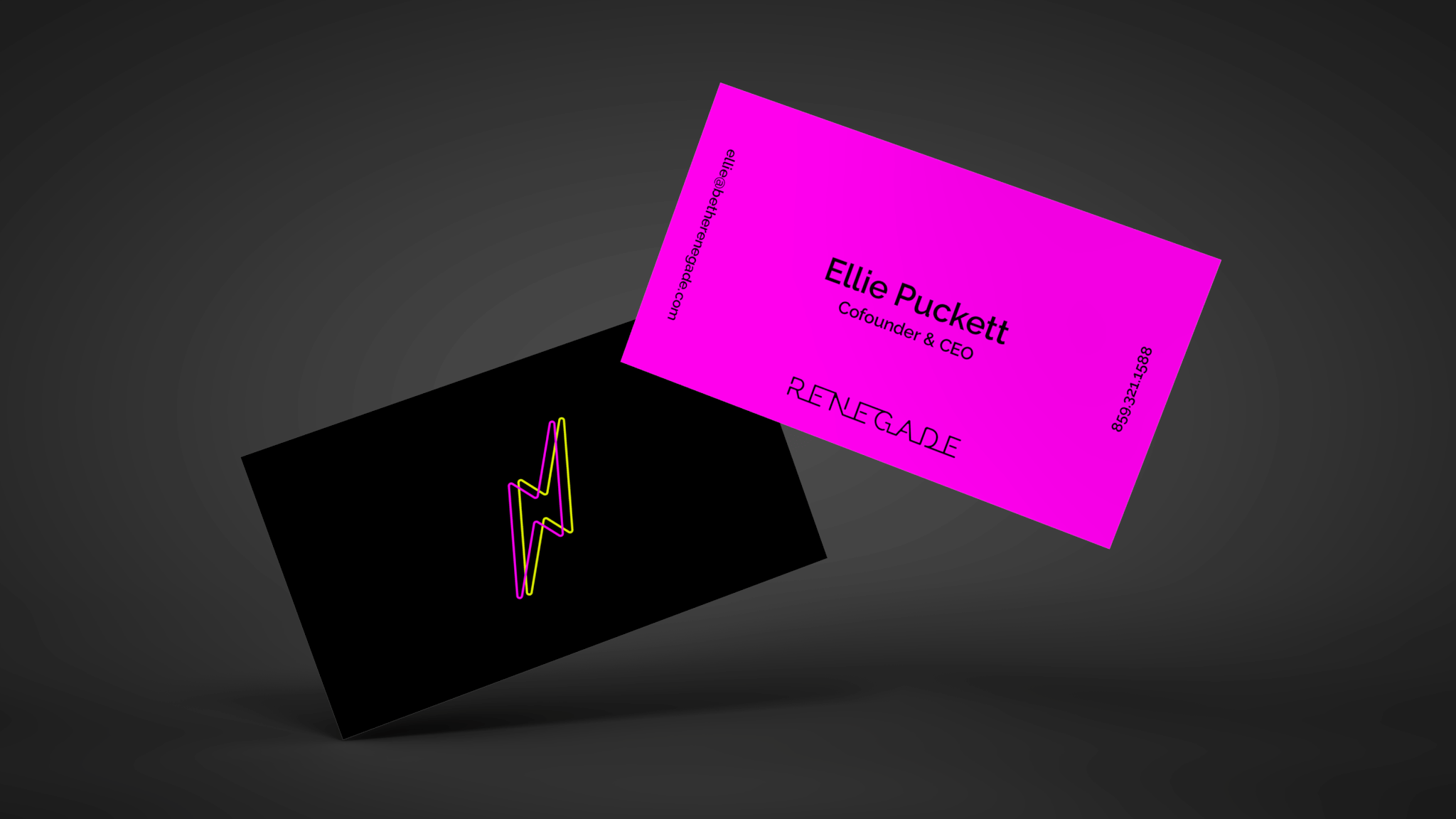 Two business cards are shown against a dark background: one is black with a neon yellow and pink zigzag logo, and the other is bright pink featuring contact info for Ellie Puckett, Co-founder & CEO, RENEGADE.