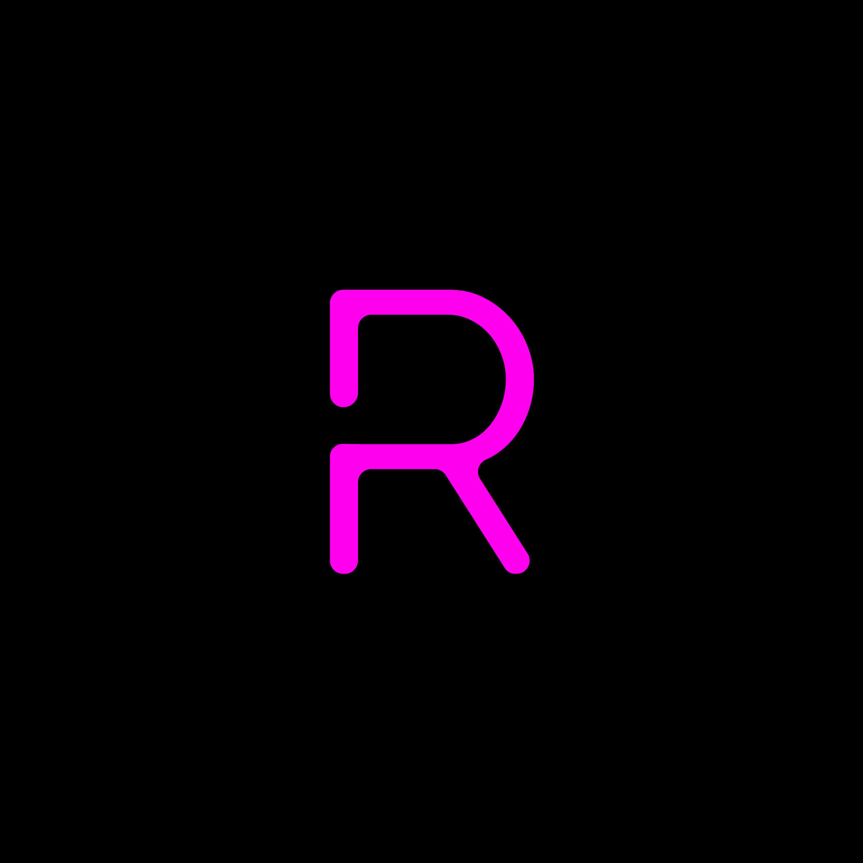 A large, bold, pink letter R is centered on a solid black background.