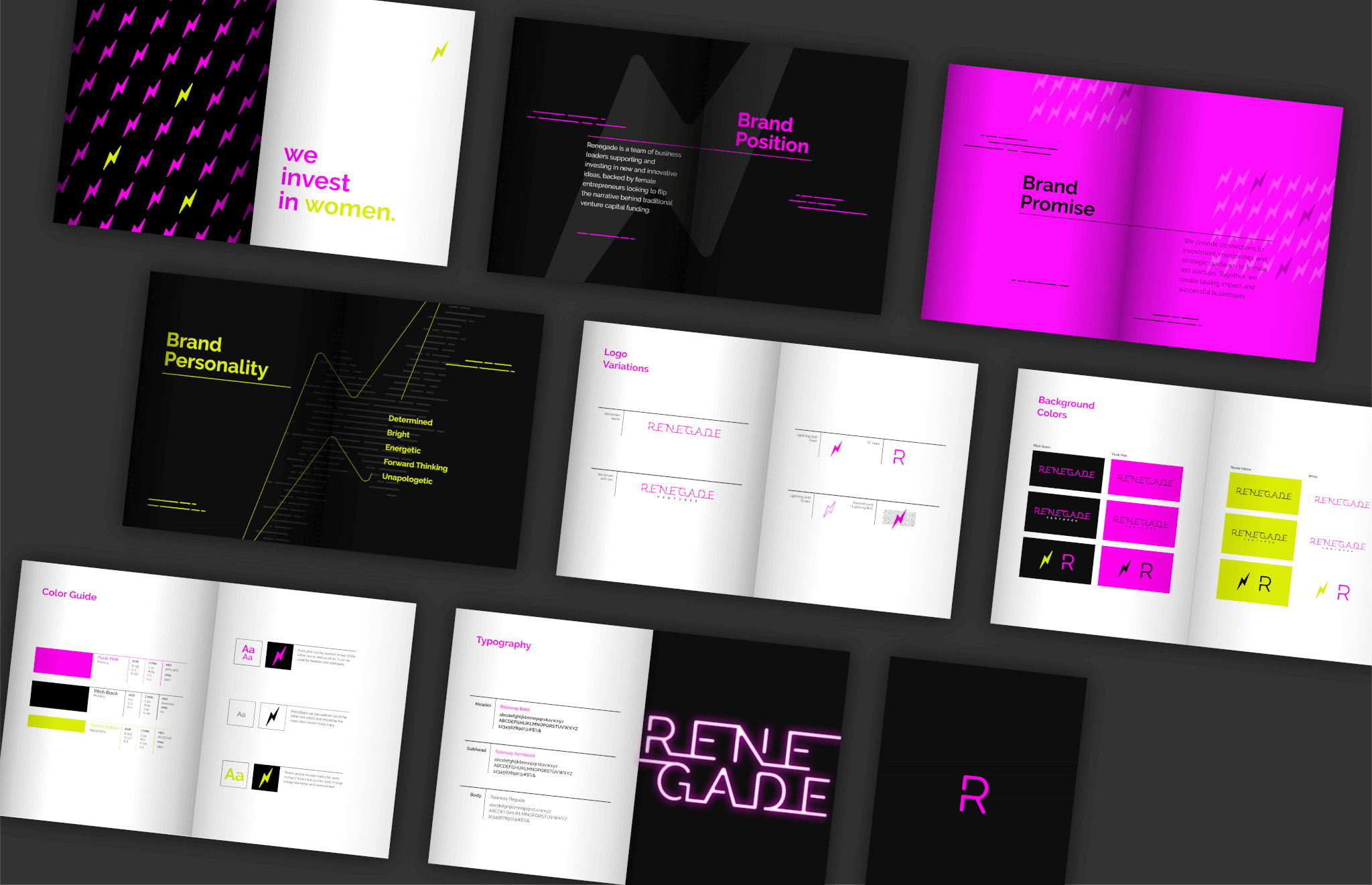 A digital layout of a brand guideline book with multiple open pages, featuring bold pink, yellow, black, and white colors. Sections include brand position, promise, personality, logo, color guide, and typography.