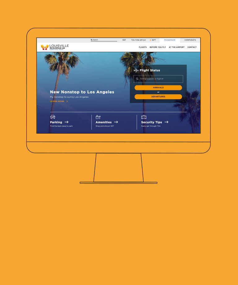 An illustration of a computer monitor on an orange background displaying a website for Louisville Muhammad Ali International Airport with a flight status section and palm trees in the header image.