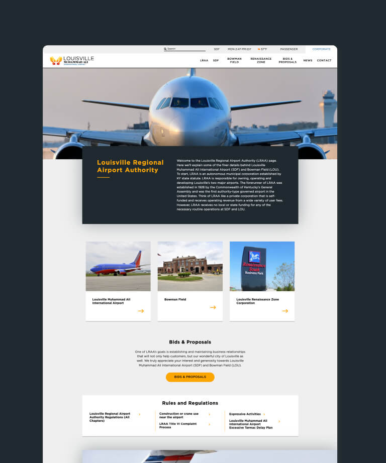 Screenshot of the Louisville Regional Airport Authority website, featuring a large airplane image at the top, navigation menu, welcome text, and sections for airport info, business opportunities, and regulations.