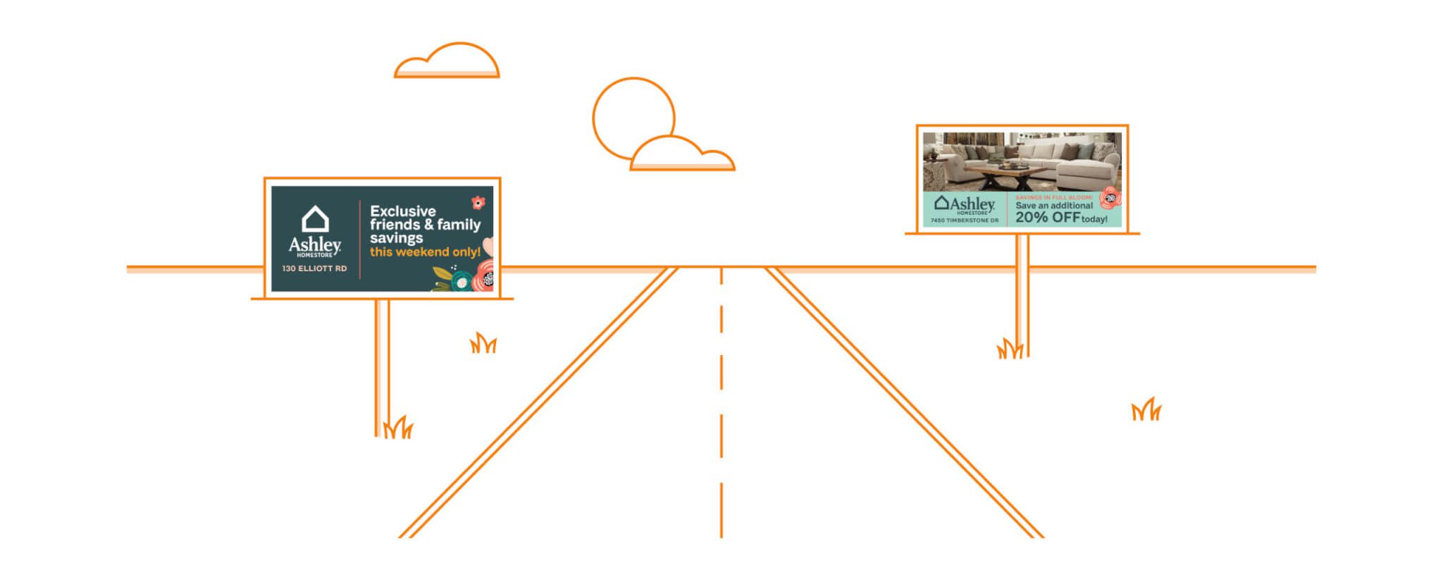A simple illustration of a road with two Ashley HomeStore billboards on either side, both promoting sales and discounts, with minimal line art of clouds, grass, and the sun in the background.