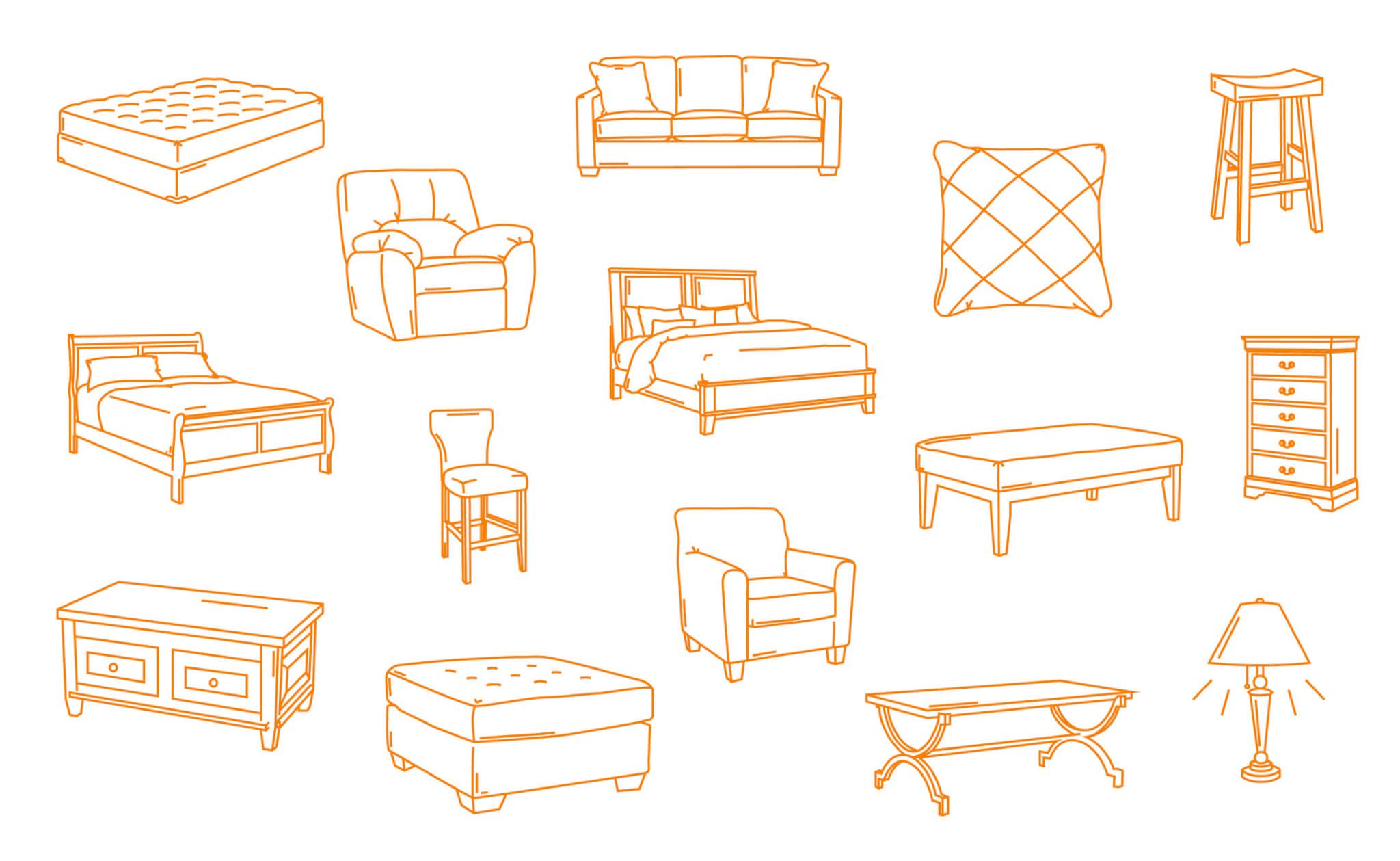 A collection of orange-outlined drawings of various furniture items, including beds, sofas, chairs, a pillow, tables, a lamp, a chest of drawers, and a stool, all on a white background.