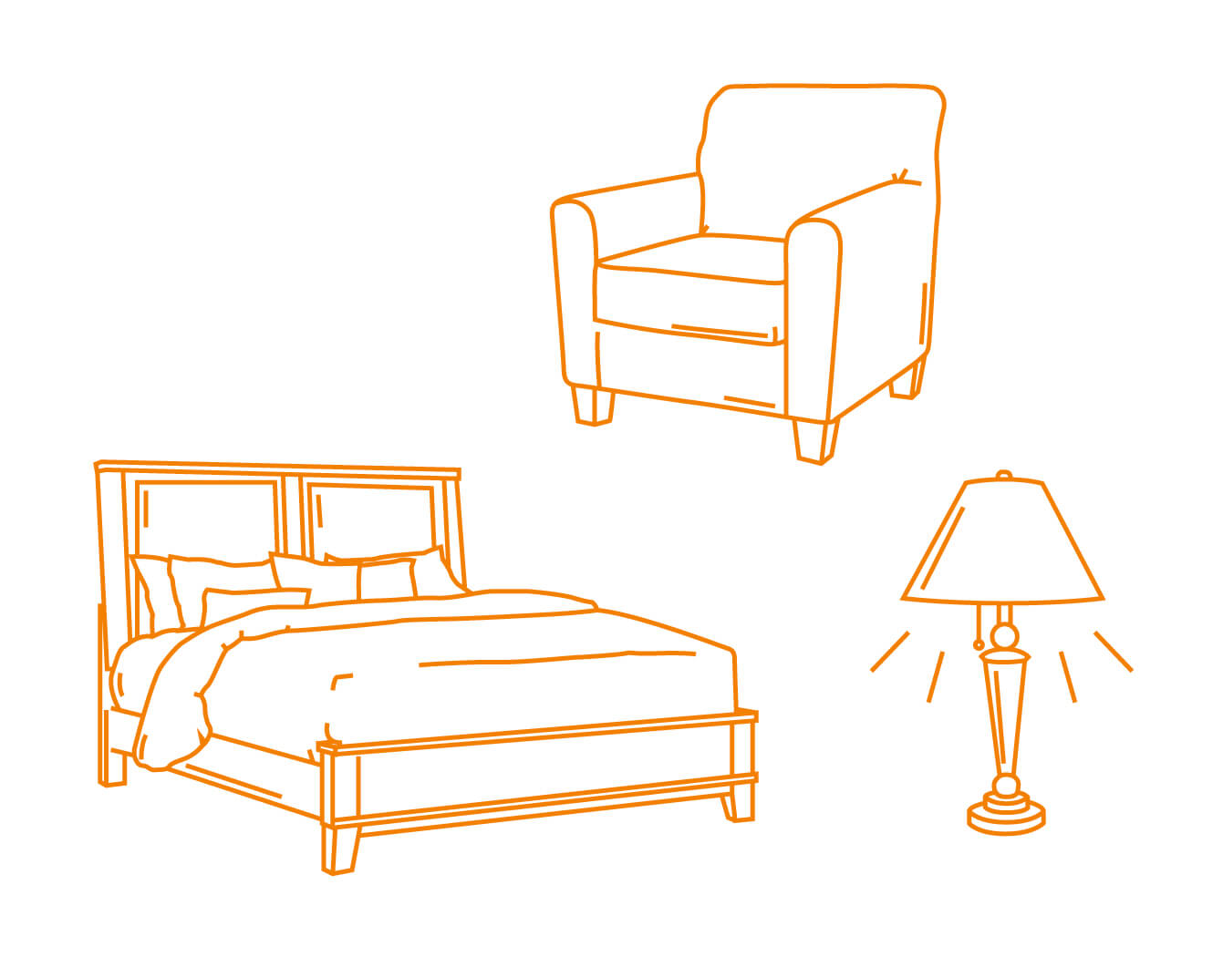 Line drawing of three pieces of furniture: an armchair, a bed with pillows and blanket, and a standing lamp with light rays, all outlined in orange on a white background.