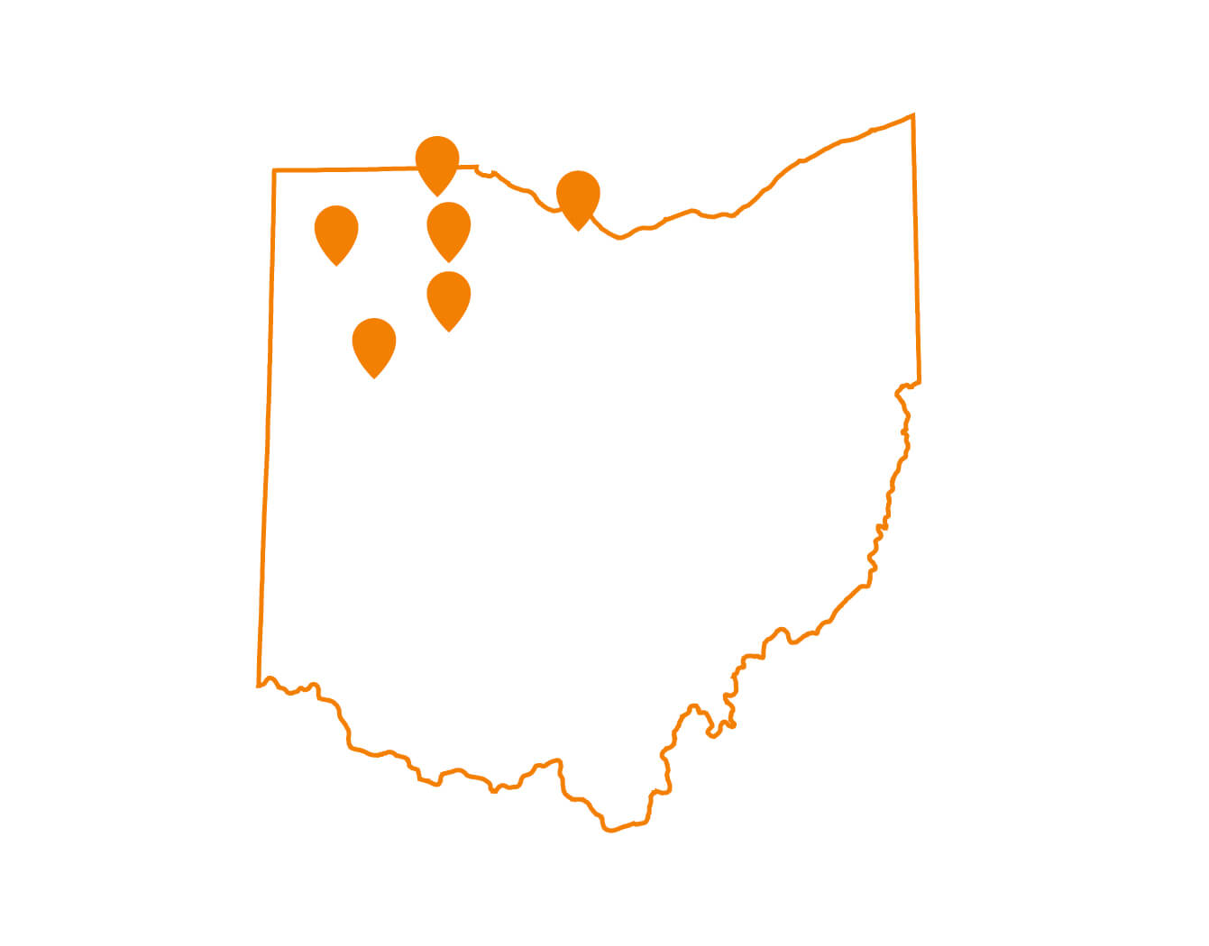 An outline of the state of Ohio with five orange location markers clustered in the northwest and along the northern border. The rest of the state is unmarked and on a white background.
