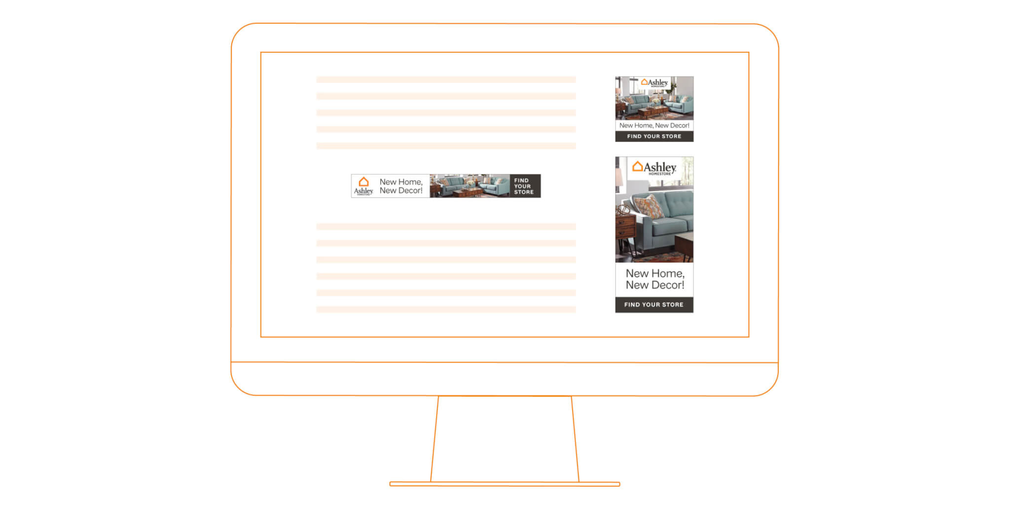 A computer screen displays a webpage with text and two “Ashley” furniture advertisements promoting new home decor and a store locator.