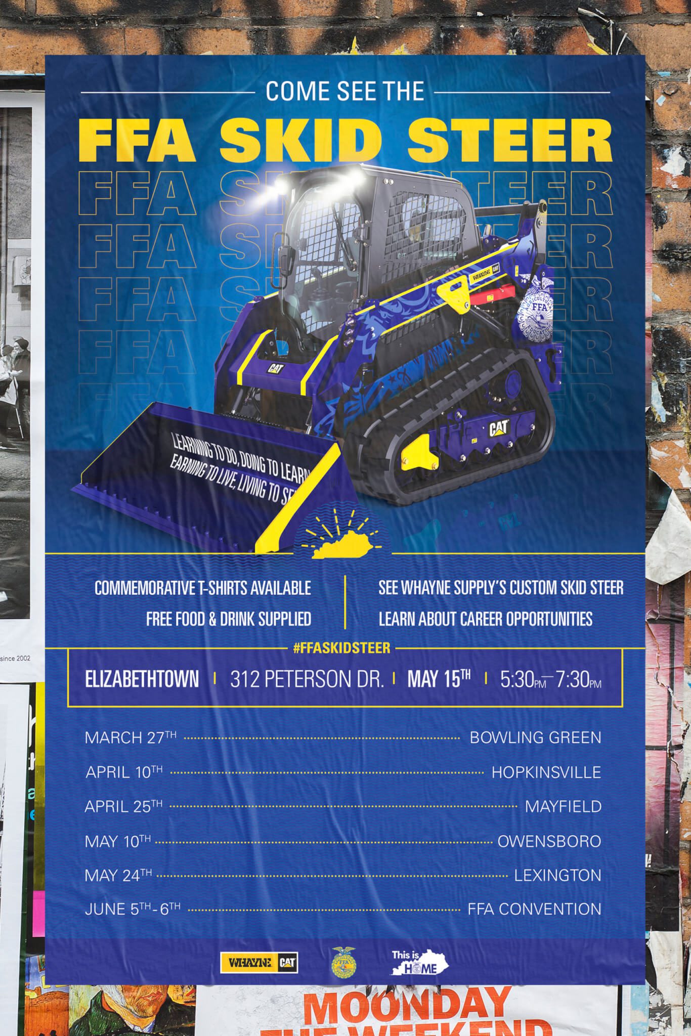 Poster for the FFA Skid Steer event, featuring a CAT yellow and black skid steer. Details include free food, drinks, commemorative t-shirts, and event dates/locations in Kentucky from March to June. #FFASKIDSTEER.