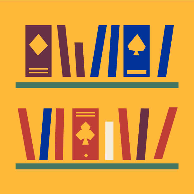 Two shelves with books of various heights and colors. Some book covers have card suit symbols, such as a diamond, spade, and club, against a yellow background.
