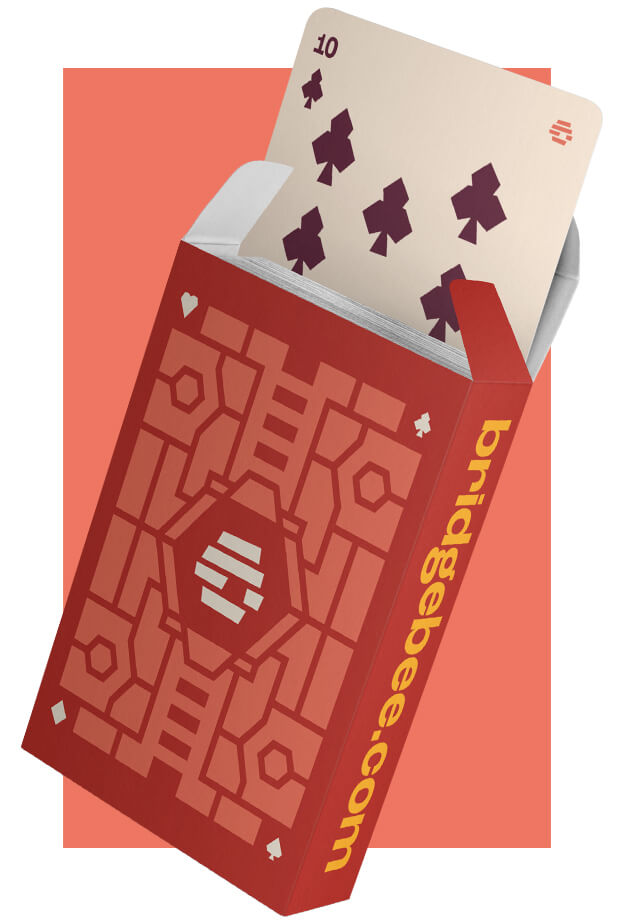 A red playing card box with a geometric pattern and bridgebee.com written on the side, containing a deck of cards with the ten of clubs partially pulled out.