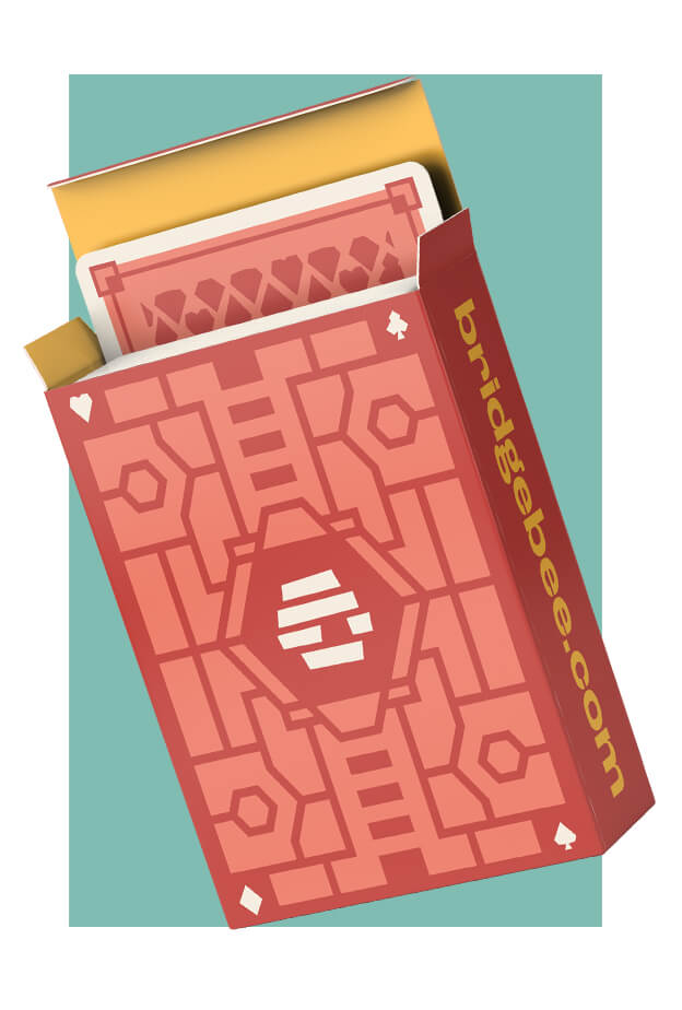 A red box of playing cards, partially open to reveal the cards inside. The box features geometric patterns and the text bridgebee.com on its side.