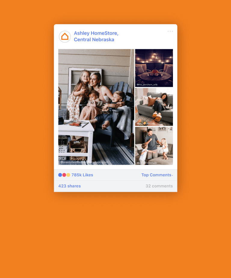 A social media post from Ashley HomeStore shows a family with two children sitting on a couch, a cozy outdoor patio with string lights, and a living room with gray furniture and fall decor.