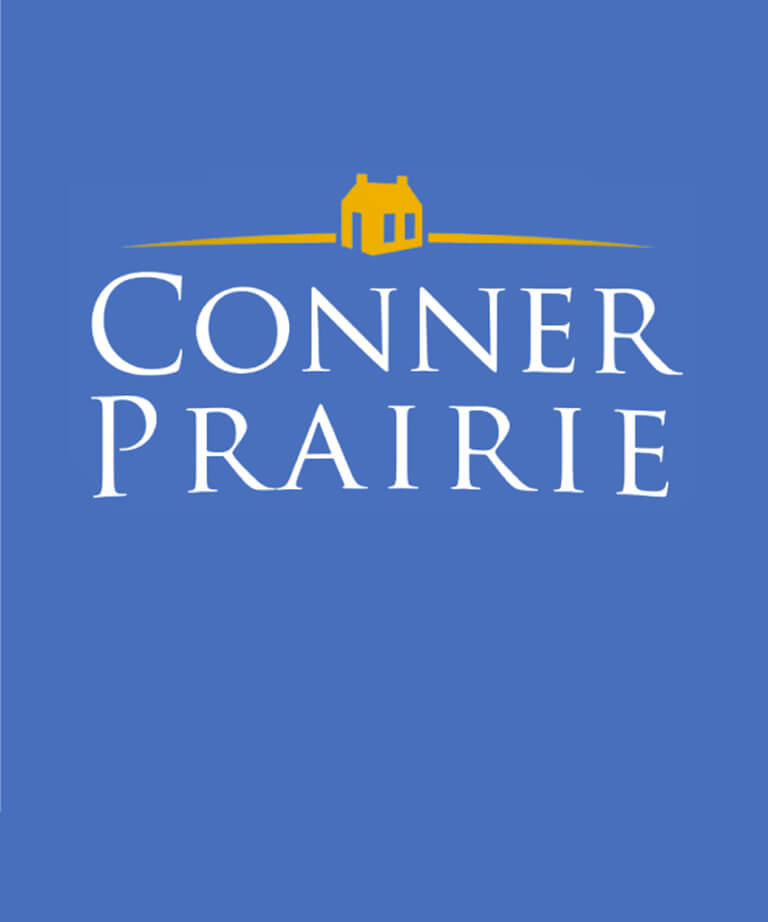 Conner Prairie logo with a small yellow house above the white text Conner Prairie on a blue background.