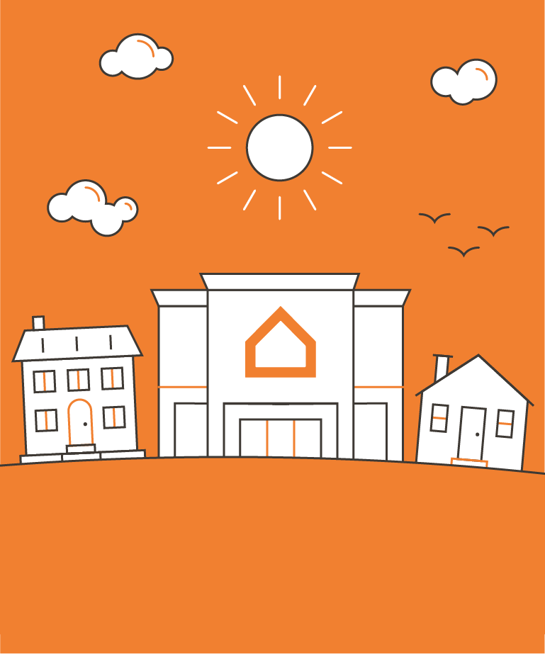 Simple illustration of three houses on an orange background with a sun, three birds, and two clouds in the sky. The center house is larger and stylized with a roof-shaped symbol.