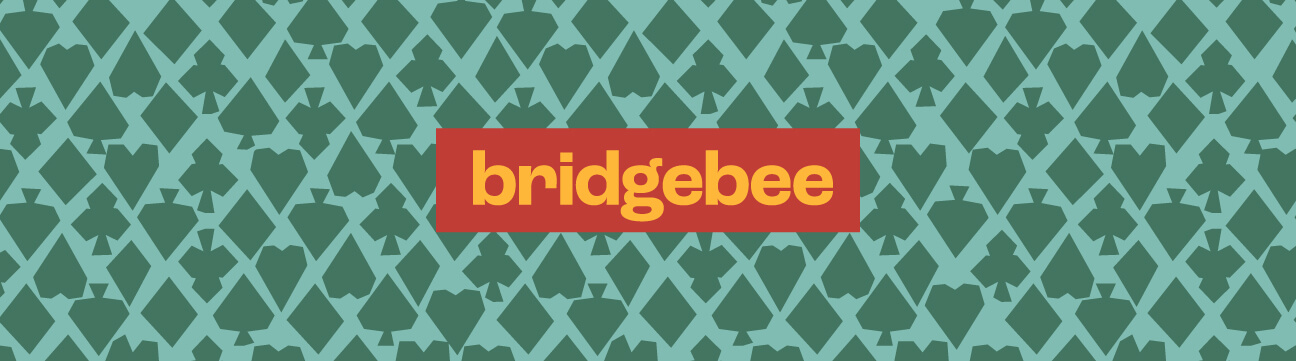 A patterned green background with abstract shapes of playing card suits. In the center, a red rectangle contains the word bridgebee in bold yellow lowercase letters.
