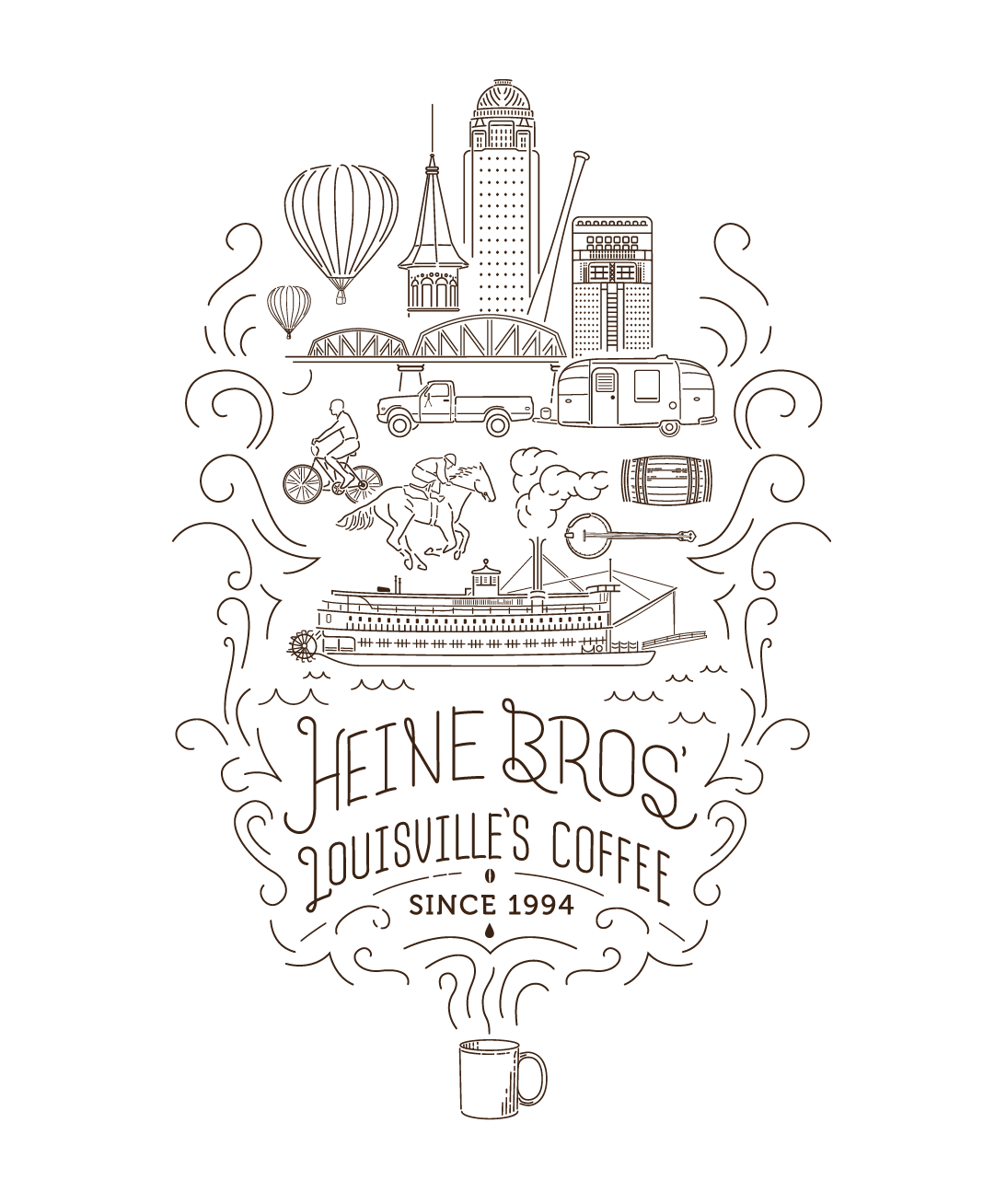 Line drawing featuring Louisville landmarks, a hot air balloon, bicyclist, horse and rider, trailer, riverboat, and steam, with “Heine Bros. Louisville’s Coffee Since 1994” and a steaming coffee cup at the bottom.