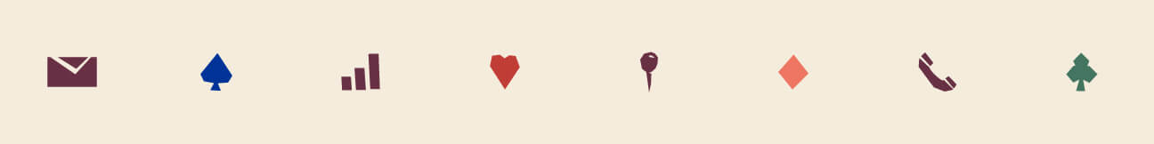 A row of simple icons on a beige background: envelope, spade, bar chart, heart, key, diamond, telephone, and tree. Each icon is a different color.