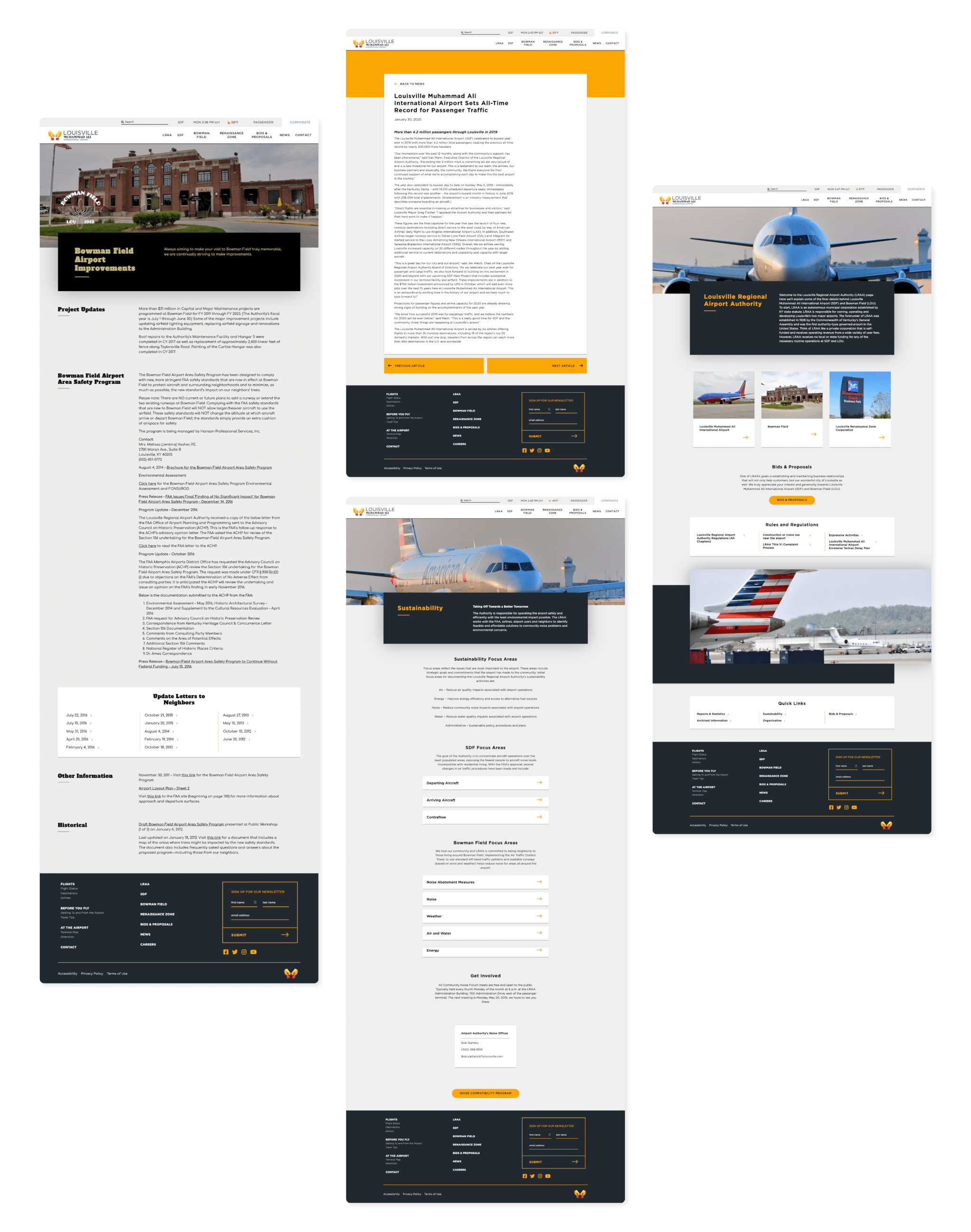 Four website mockups for an airport, each displaying sections with images of airplanes, text information, navigation menus, contact forms, and footer details on a white and gray background with orange accents.