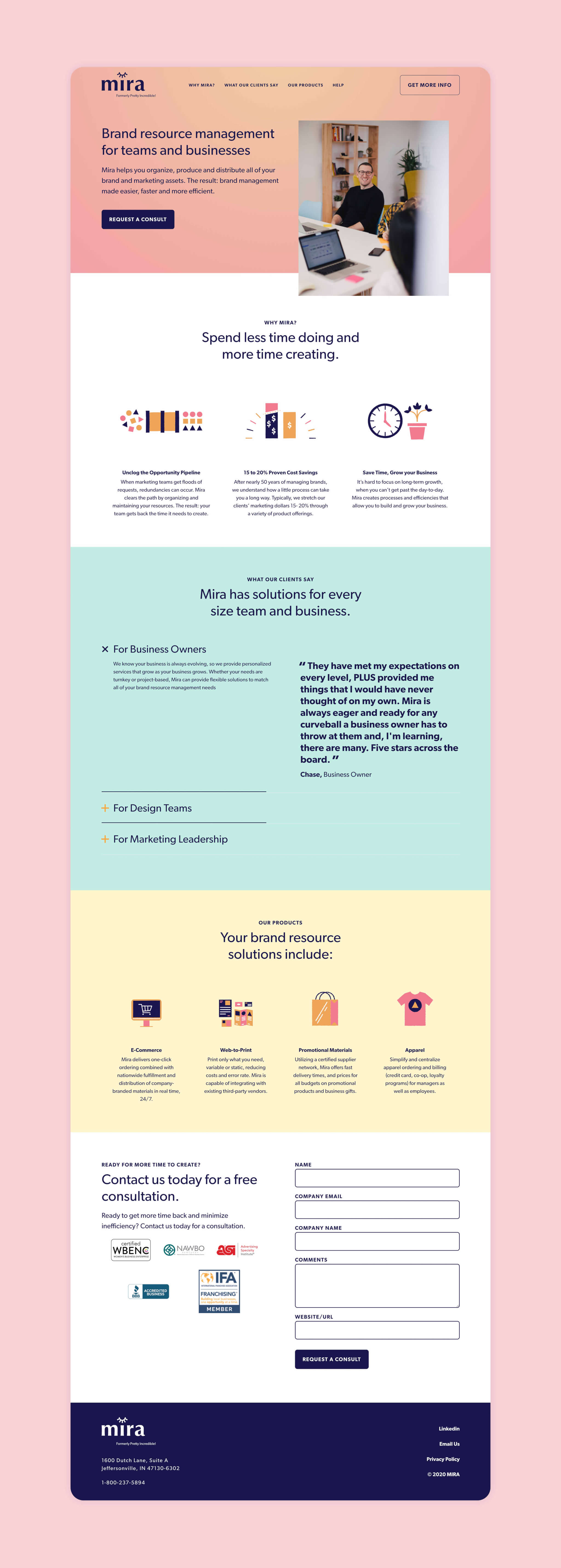 A website landing page for Mira, a brand resource management tool, features a person working on a laptop, colorful icons, solution descriptions for teams, and a contact form on a pink background.