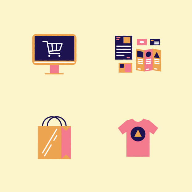 Four icons: a monitor with a shopping cart, brochures or website screens, a shopping bag, and a pink t-shirt with a triangle design, all on a light yellow background.