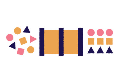 Abstract illustration showing various loose shapes (circles, triangles, squares) on the left, two vertical orange rectangles in the center, and grouped shapes (pink circles, orange squares, navy triangles) on the right.