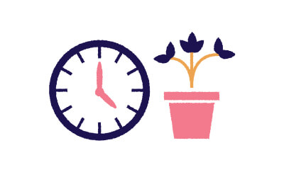Simple drawing of a clock showing 2:00 next to a pink flower pot with a plant that has four dark leaves.