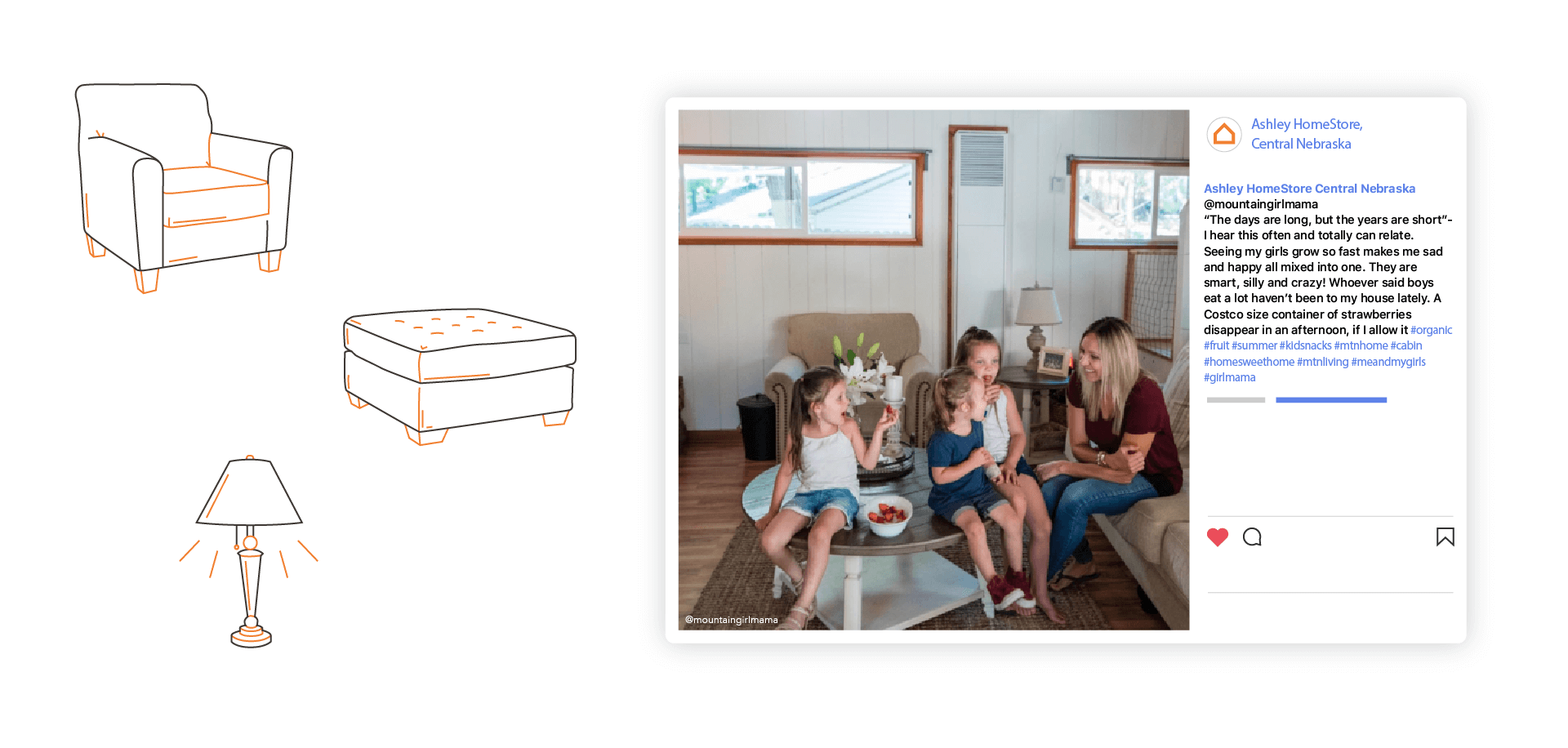 A family of four, including an adult and three children, sit together on a sofa and chair in a cozy living room with large windows, chatting and smiling. Illustrated furniture and a lamp are on the left side of the image.