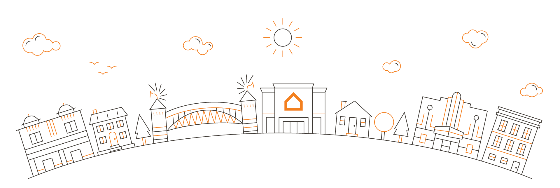 A simple line art illustration of a small town skyline with various buildings, a bridge, trees, clouds, birds, and the sun above, accented with orange details.