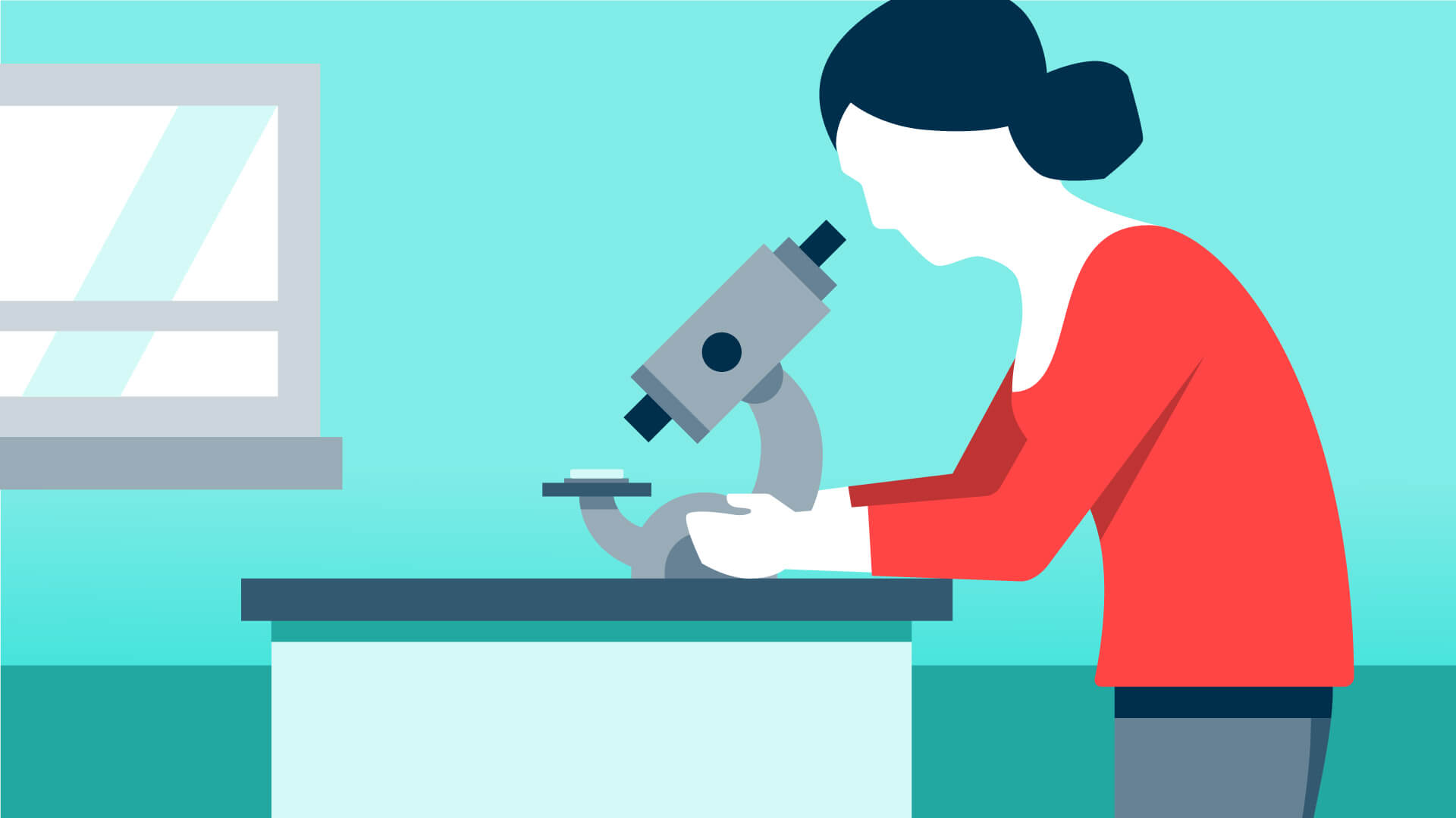 Illustration of a person with dark hair in a ponytail, wearing a red top, looking through a microscope on a laboratory table, with a window in the background.